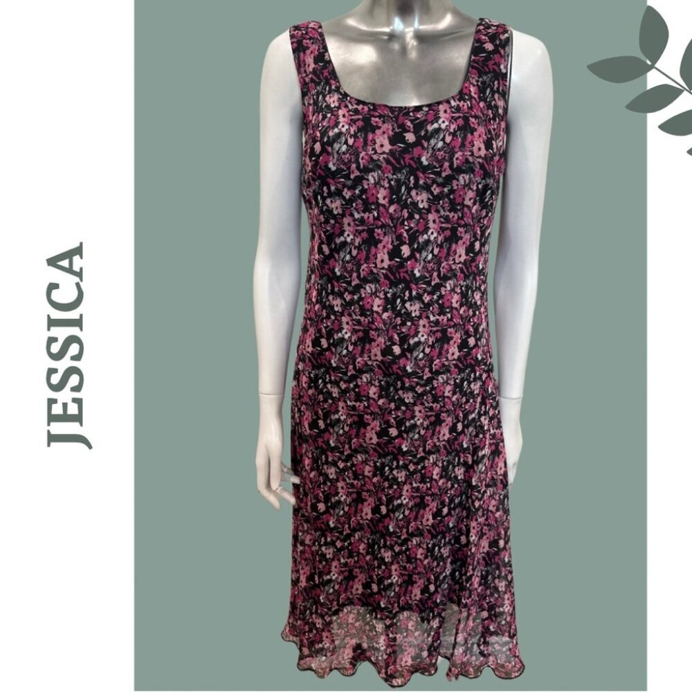 Jessica Floral Midi Dress | Black & Pink Sheer Overlay | Sleeveless Size 10